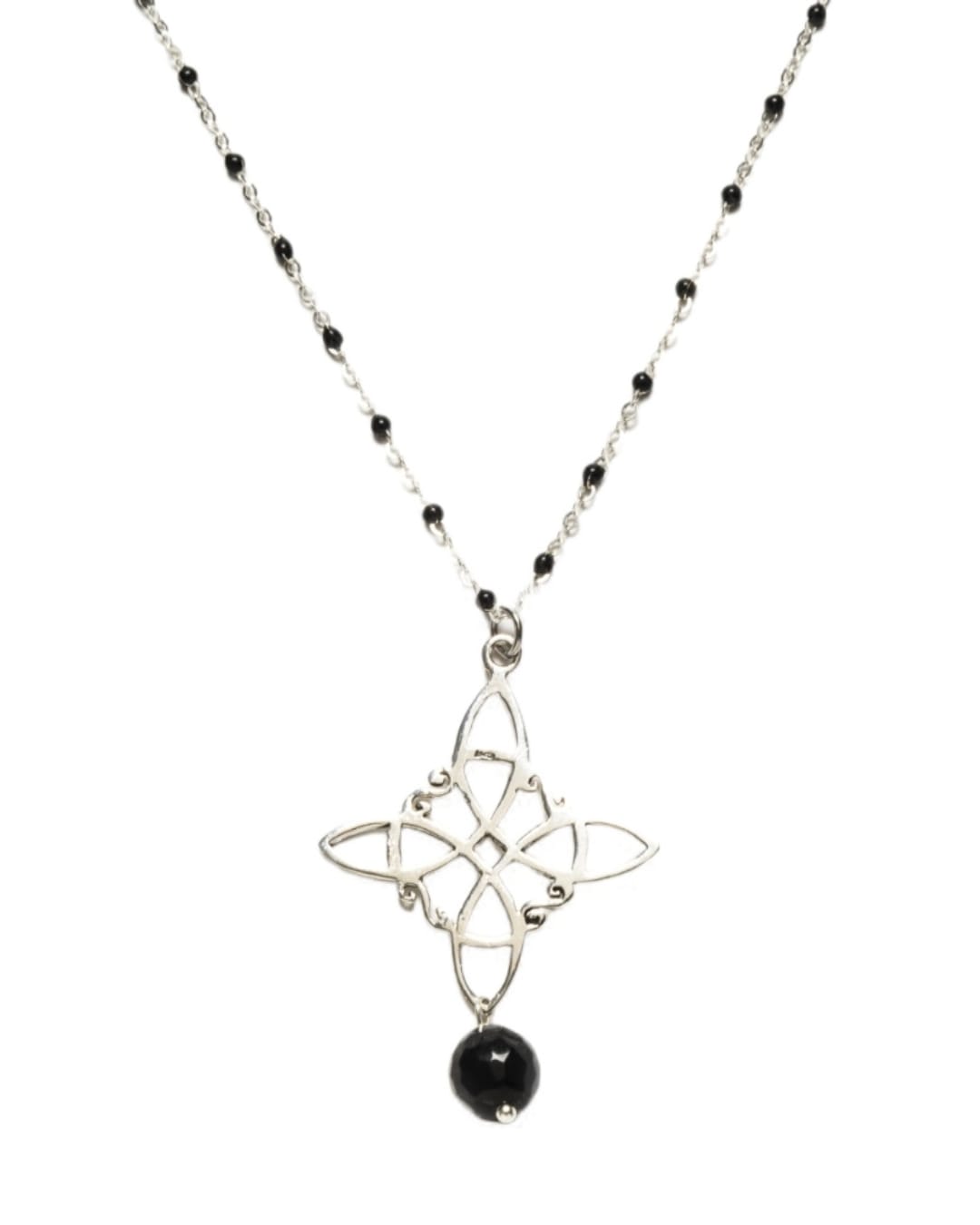 Collar Nudo de Bruja con Bolitas Negras y Ónix de Plata de Ley