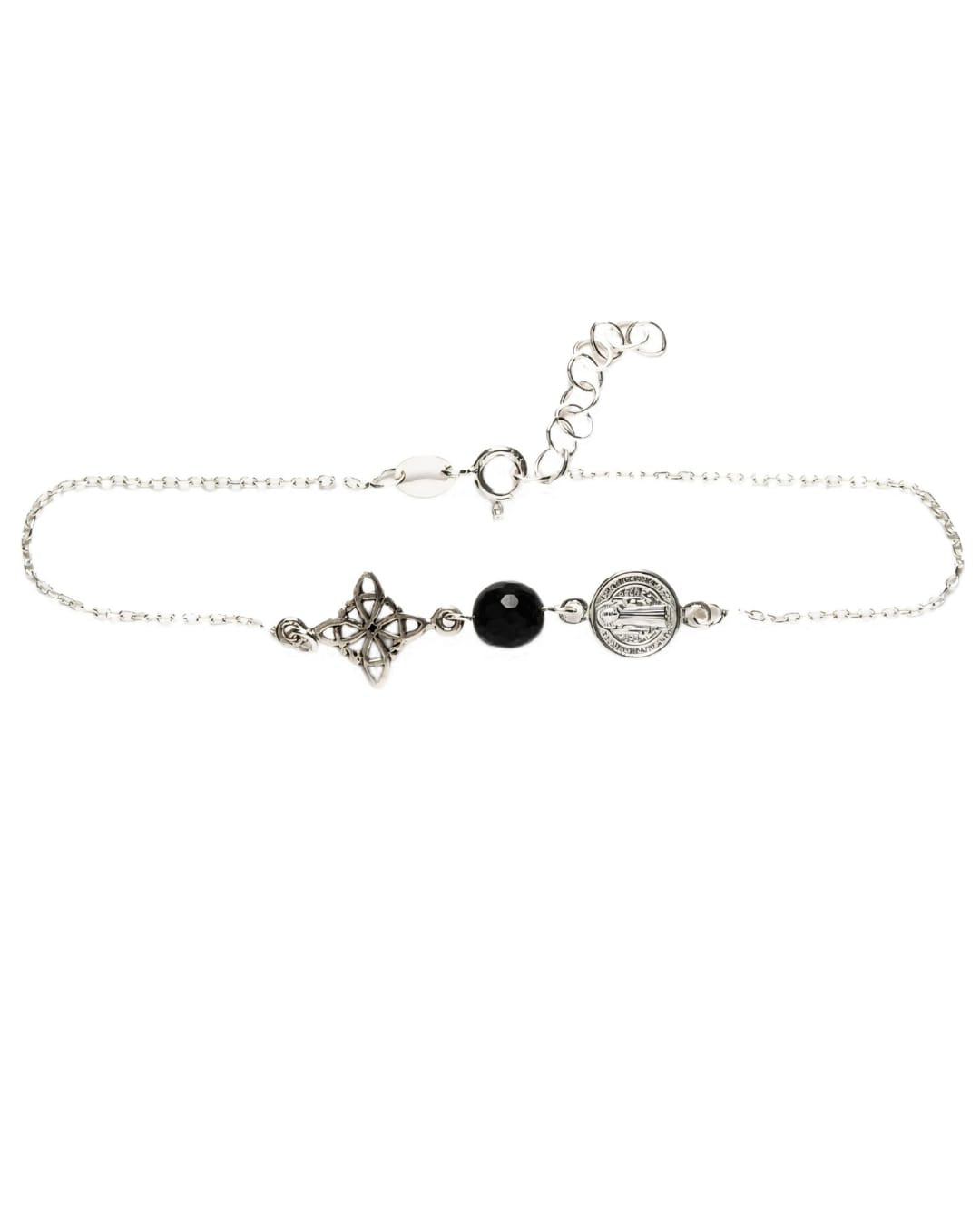 Pulsera Nudo de Bruja y San Benito con Piedra Natural de Plata de Ley