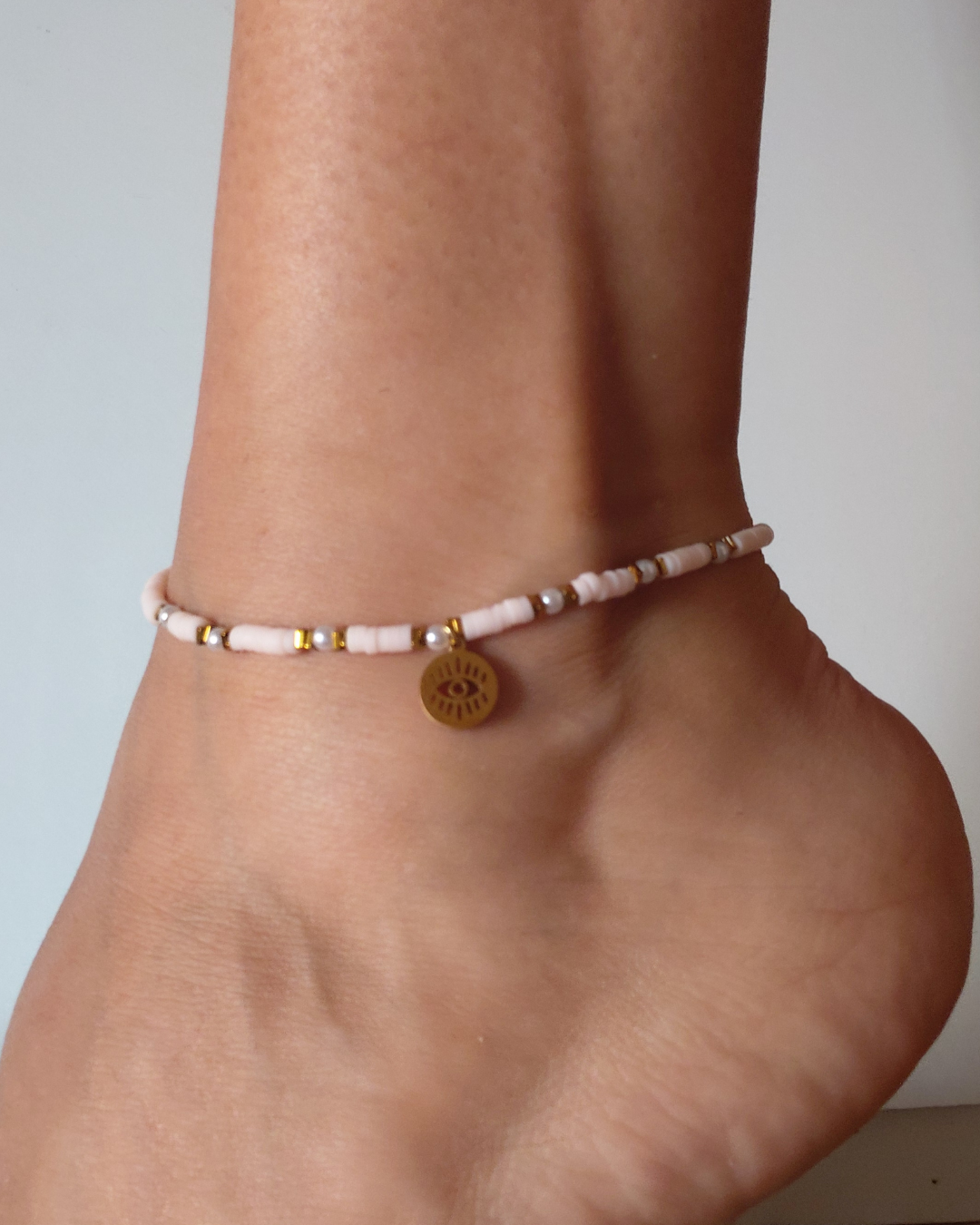 Tobillera Rosa Acero Dorado Mano de Fátima | Ojo Turco