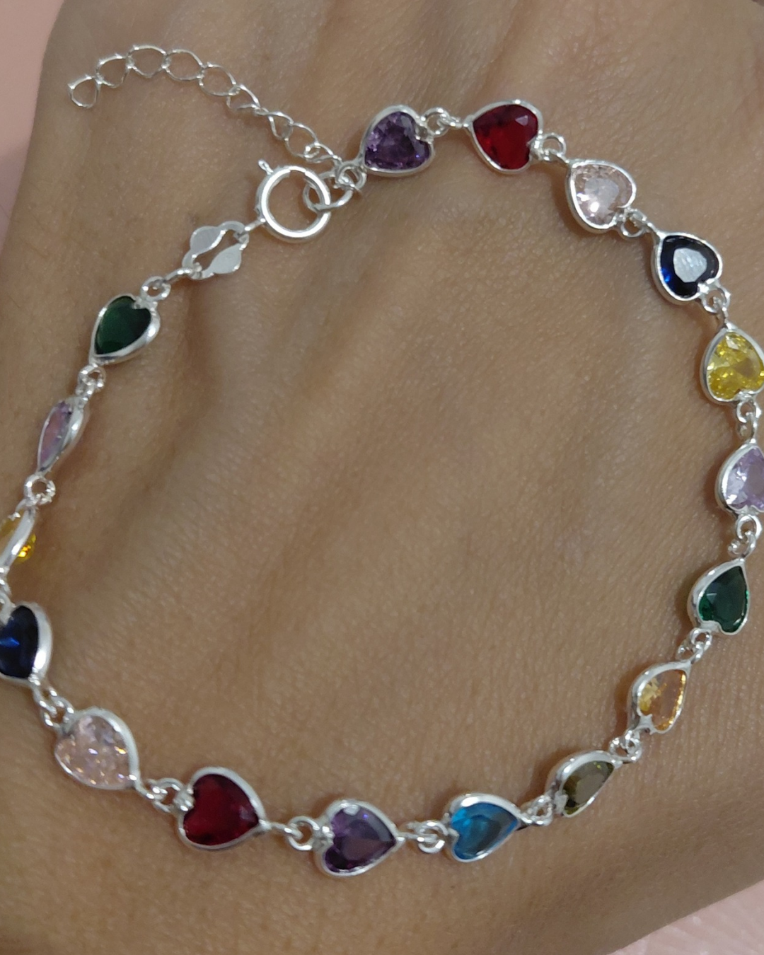 Pulsera de Plata con Corazones Multicolor