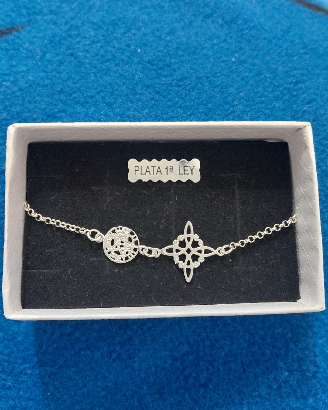 Pulsera Doble Protección de Plata de Ley, Nudo de Bruja y Tetragramatón