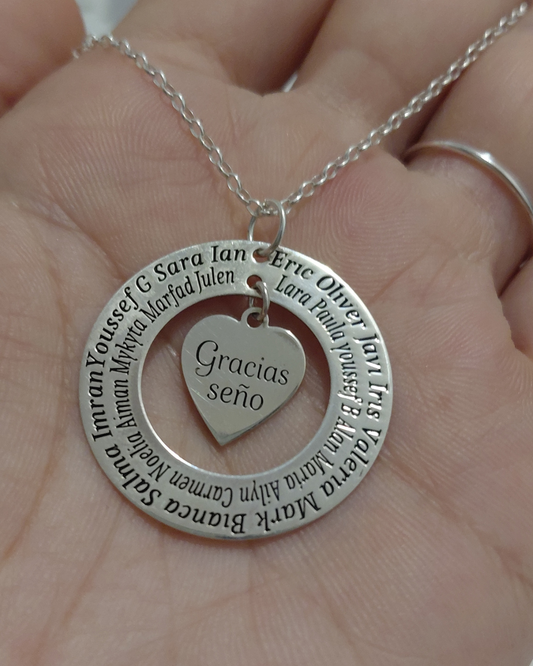 Collar Personalizado Gracias Seño · Aro con Corazón Grabado en Plata