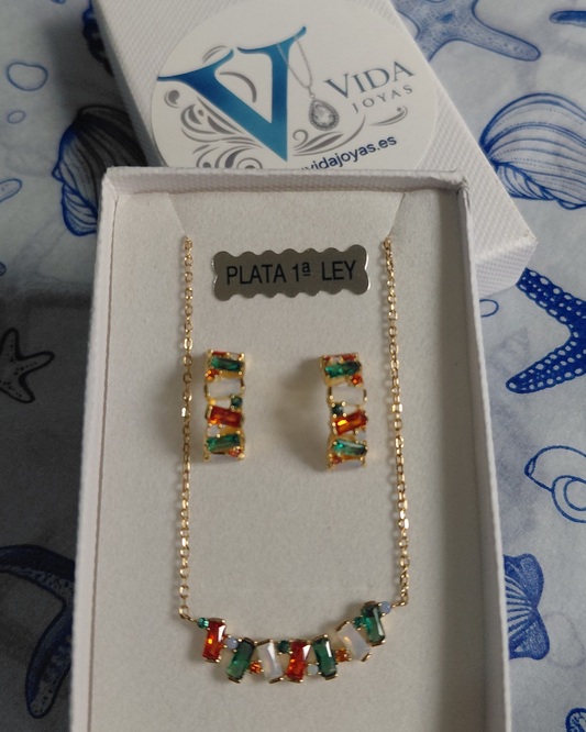 Conjunto Mosaico con Circonitas Baguette Multicolor