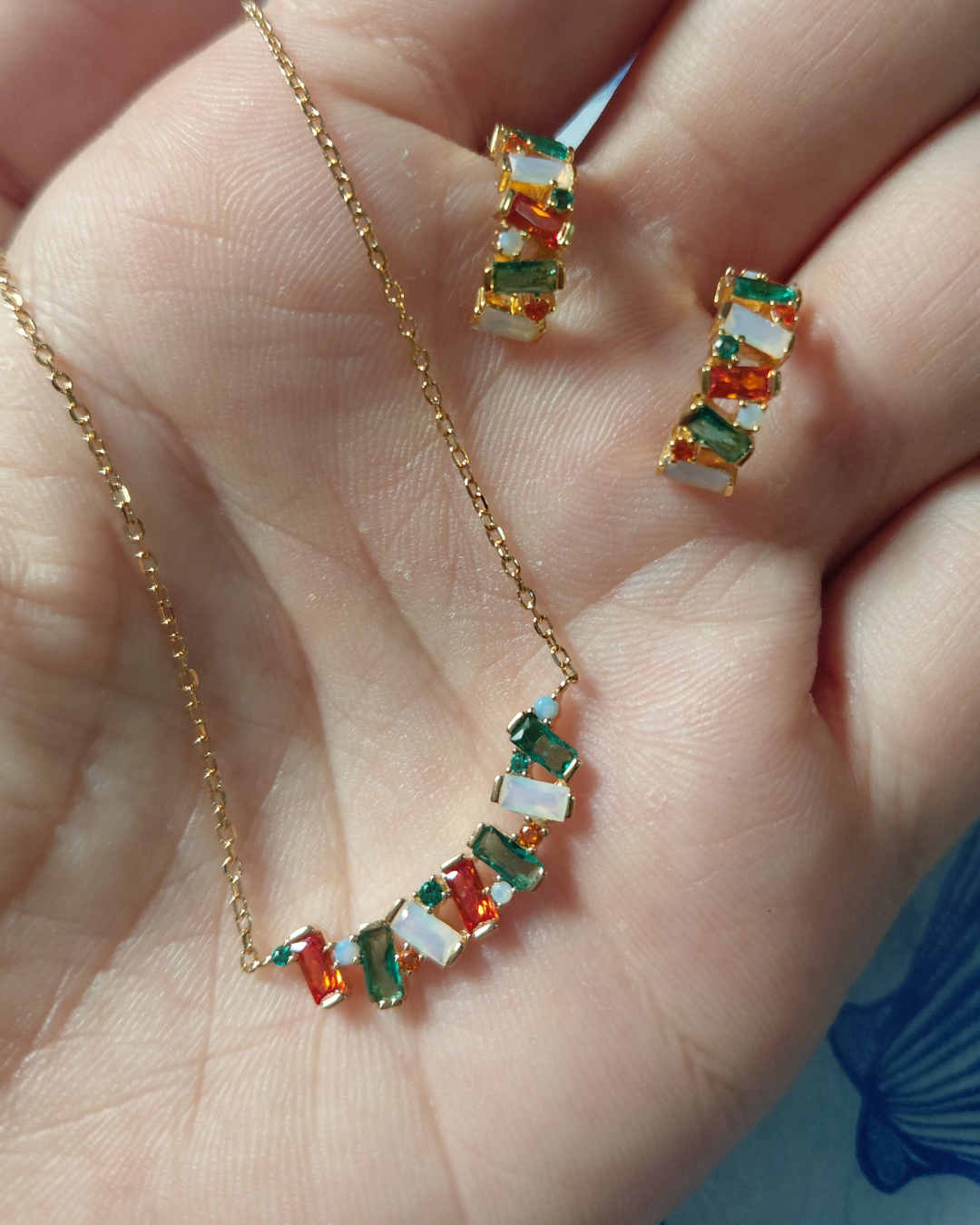 Conjunto Mosaico con Circonitas Baguette Multicolor