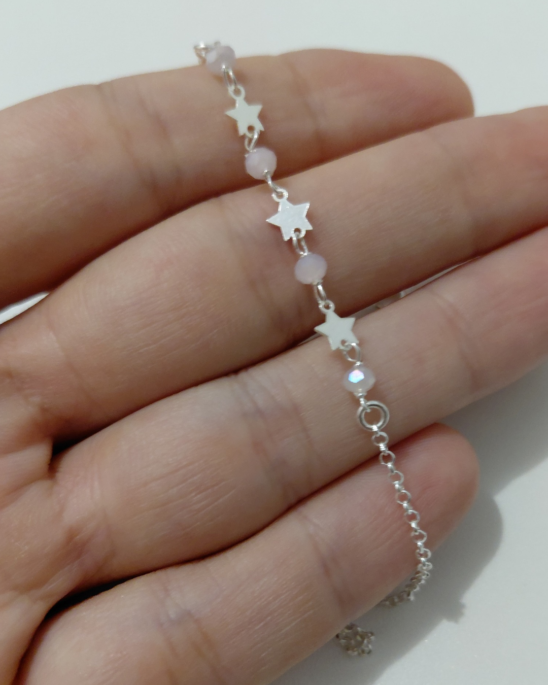Tobillera de Plata Estrellas y Cuarzo Rosa
