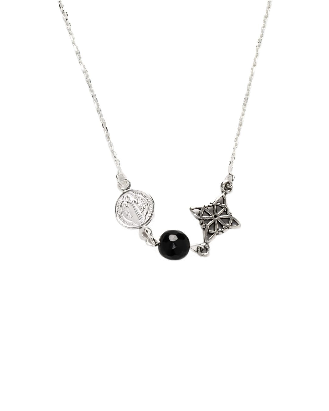 Collar Nudo de Bruja y San Benito con Piedra Natural de Plata de Ley