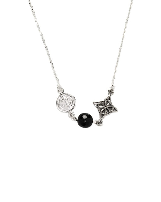 Collar Nudo de Bruja y San Benito con Piedra Natural de Plata de Ley