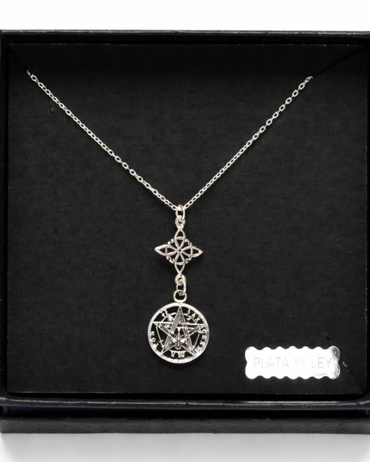 Collar Doble Protección Nudo de Bruja y Tetragramatón de Plata de Ley