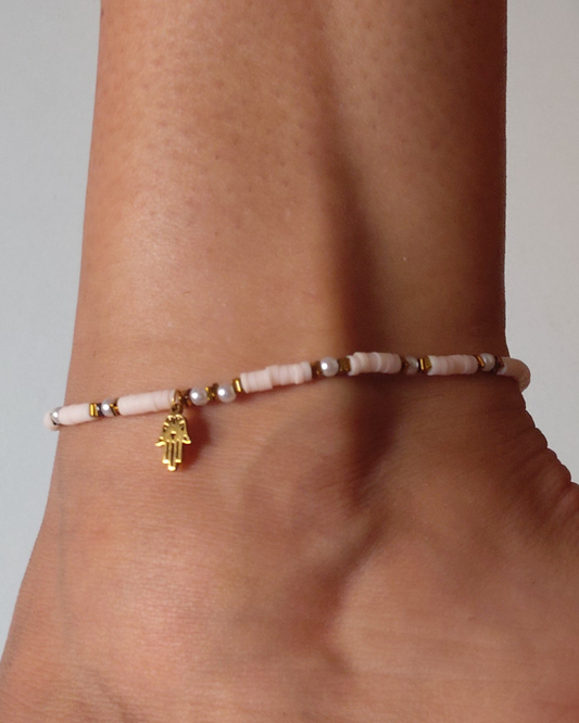 Tobillera Rosa Acero Dorado Mano de Fátima | Ojo Turco