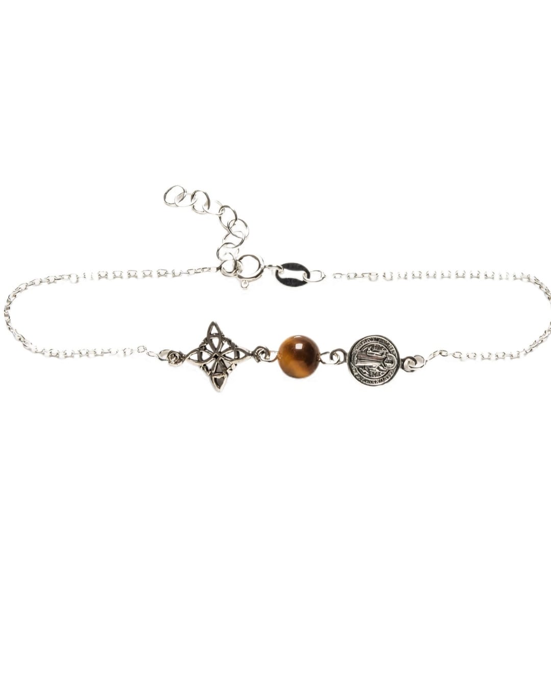 Pulsera Nudo de Bruja y San Benito con Piedra Natural de Plata de Ley