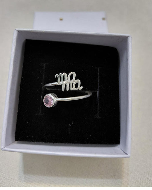 Anillo Mamá Caligrafía Brillante Rosa Plata