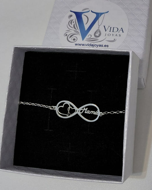 Pulsera Infinito Mamá y Corazones Plata Personalizada